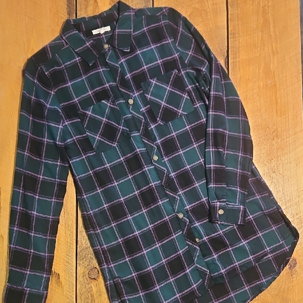 Plaid Button-Up Shirt - Green and Purple